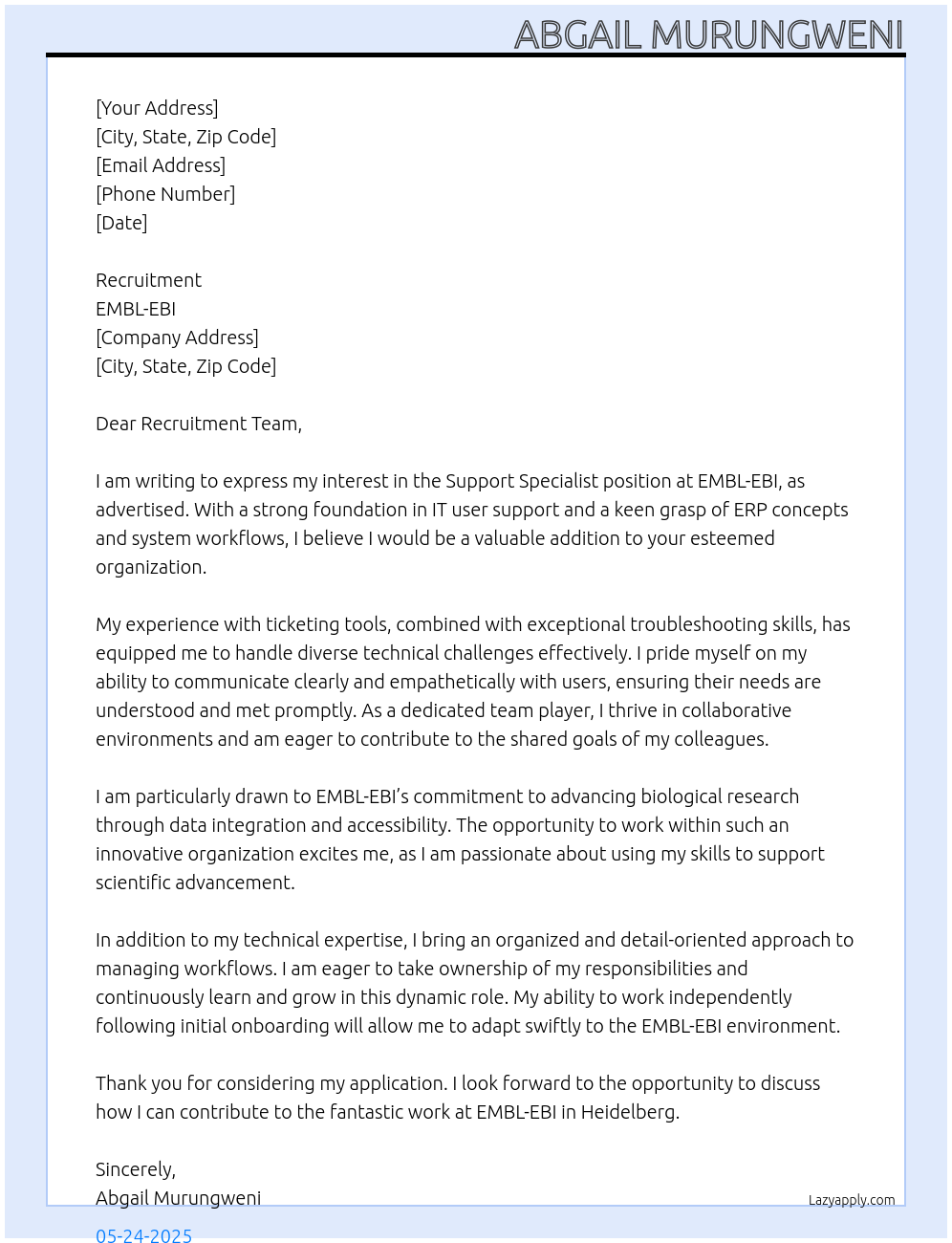 Cover letter for support specialist - LazyApply