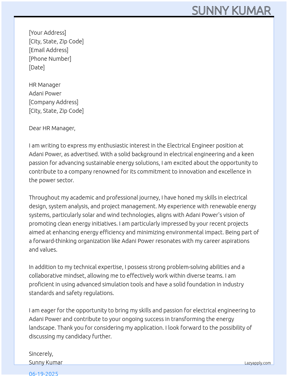 Electrical engineer At Adani power Cover Letter