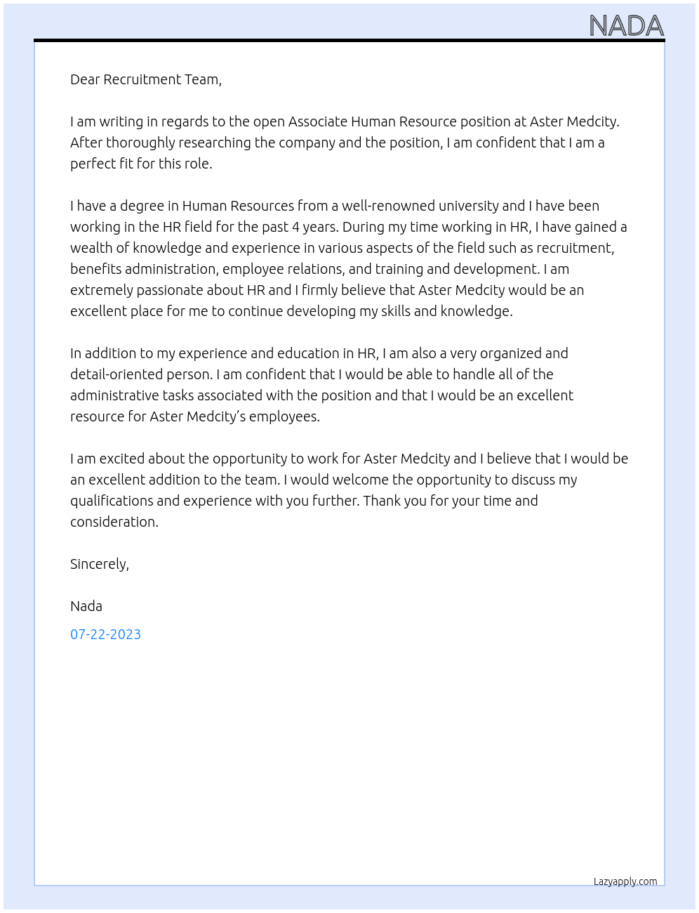 Associate Human Resource  At Aster Medcity  Cover Letter