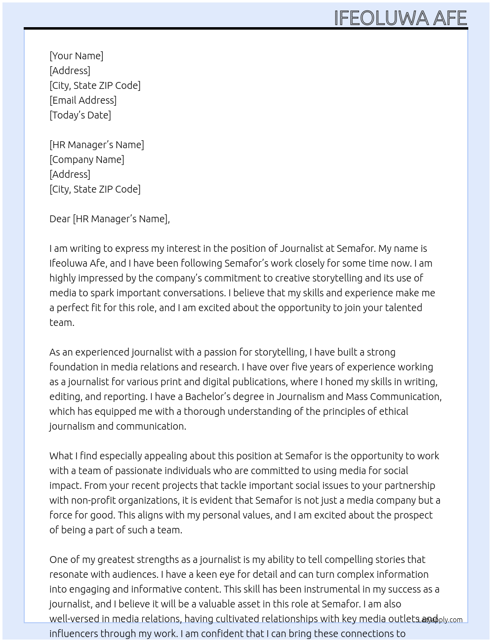 Journalist At Semafor Cover Letter