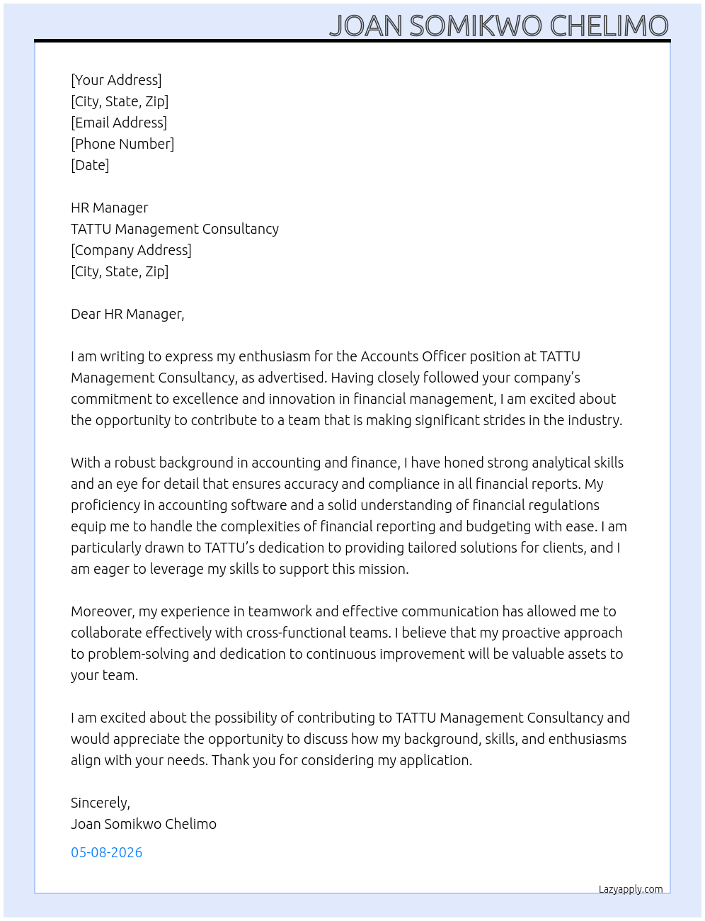 Cover letter for accounts officer - LazyApply