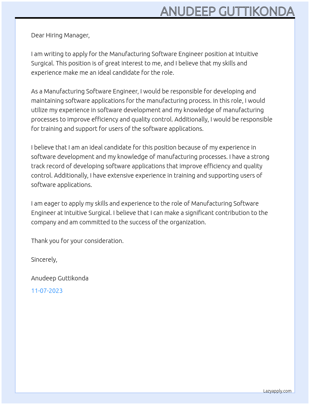 Manufacturing Software Engineer At Intuitive Surgical Cover Letter