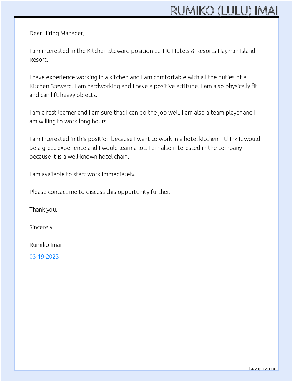 Kitchen Steward At IHG Hotels & Resorts Hayman Island Resort Cover Letter