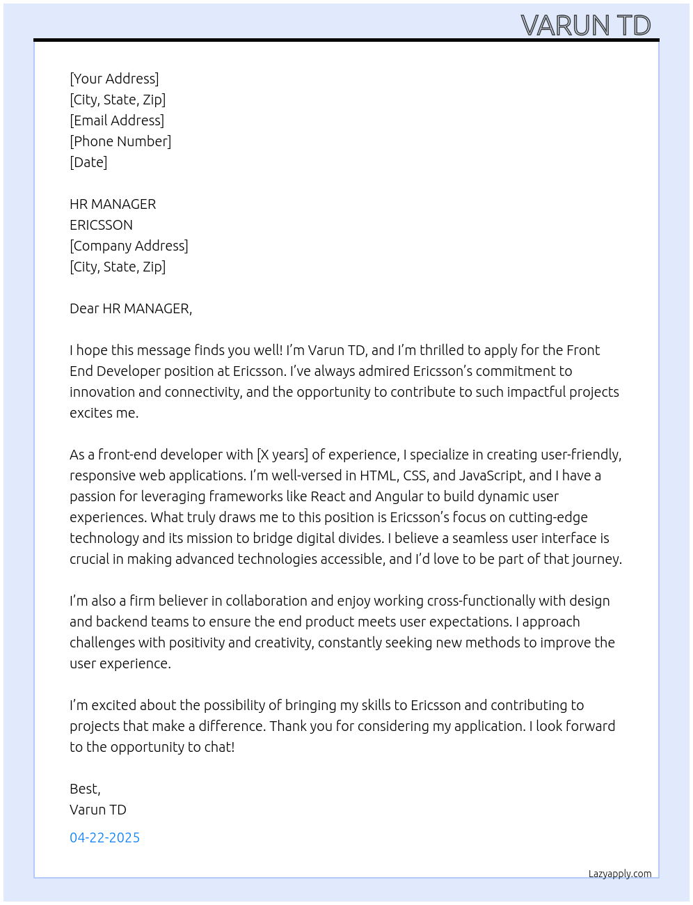 FRONT END DEVELOPER At ERICSSON Cover Letter