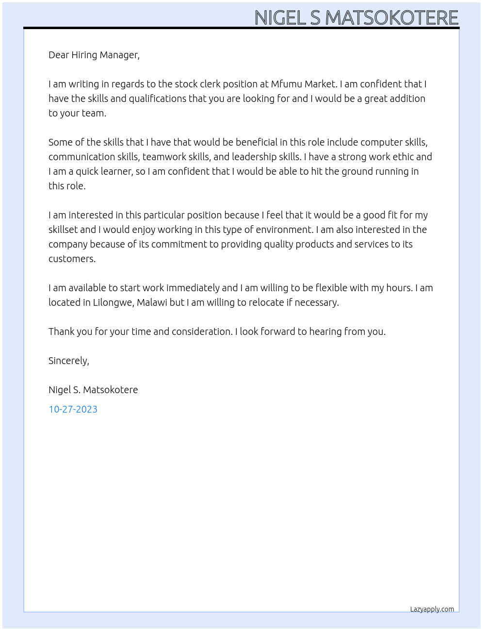 Stock clerk At Mfumu Market Cover Letter