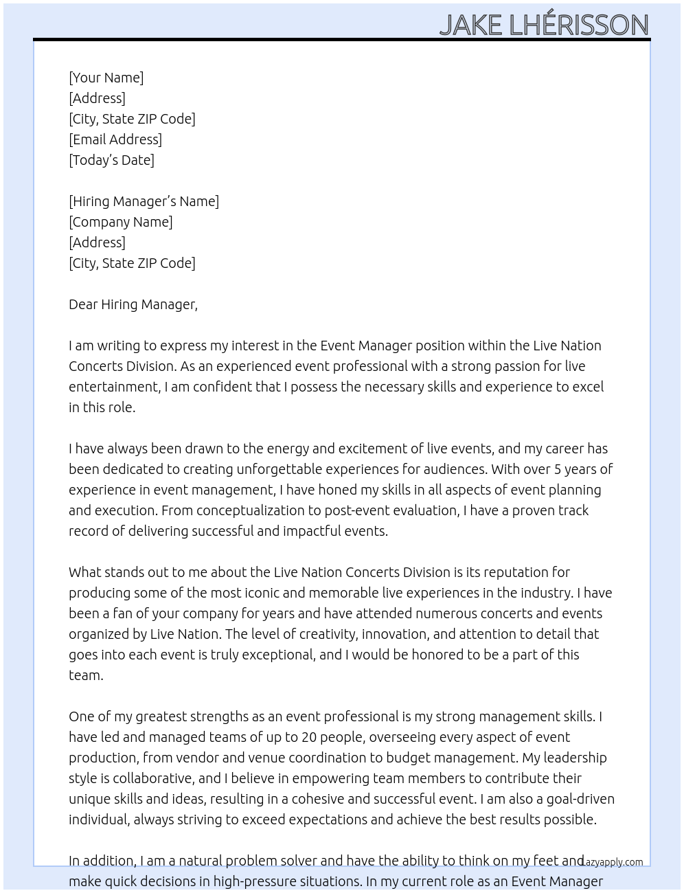 Event Manager At Live Nation Concerts Division Cover Letter