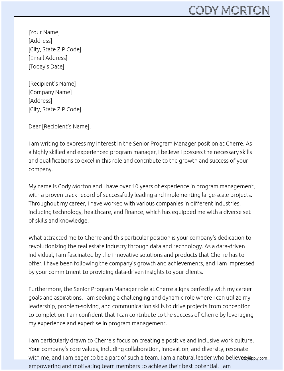 Senior Program Manager At Cherre Cover Letter