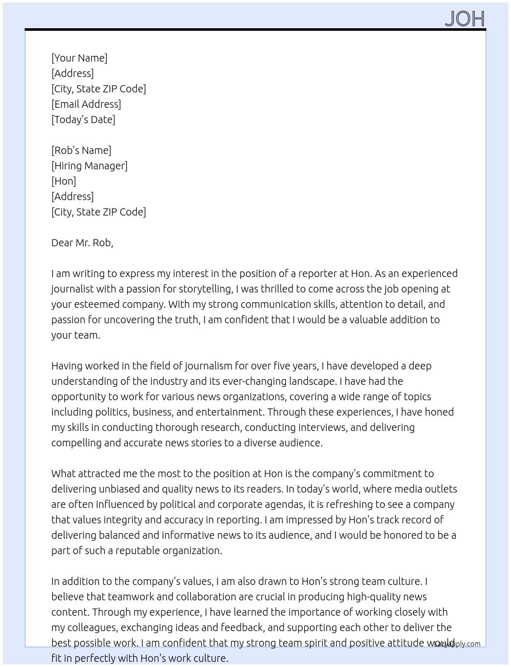 reporter At hon Cover Letter