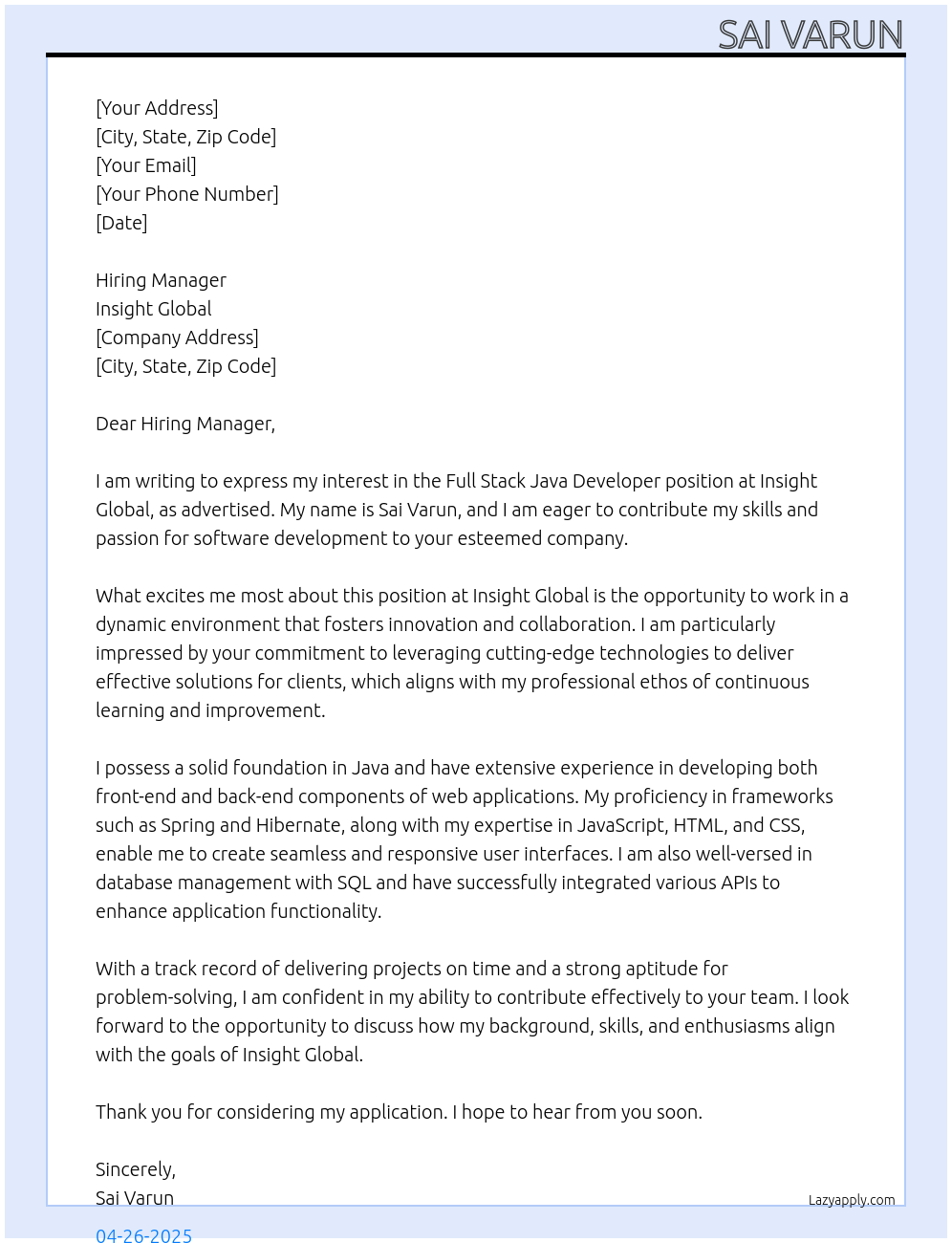 full stack java developer At insight global Cover Letter