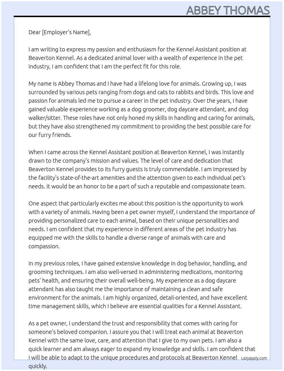 kennel assistant At Beaverton Kennel Cover Letter