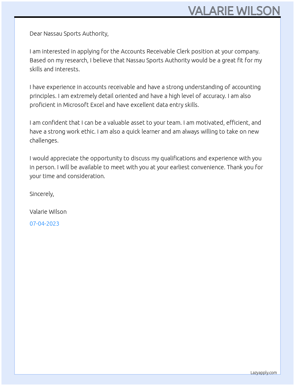 Accounts Receivable Clerk At Nassau Sports Authority Cover Letter