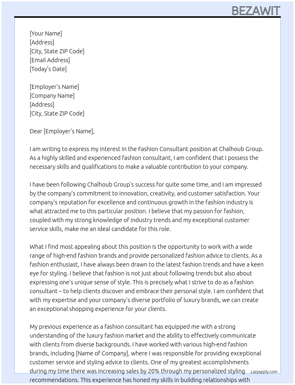 Fashion consultant At Chalhoub Group Cover Letter