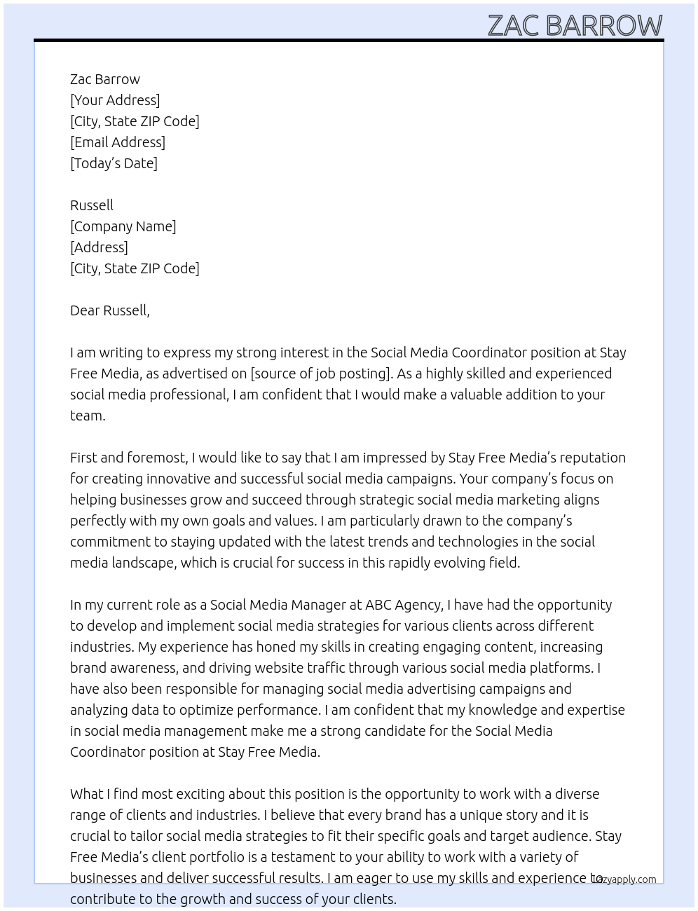 Social Media Coordinator At Stay Free Media Cover Letter