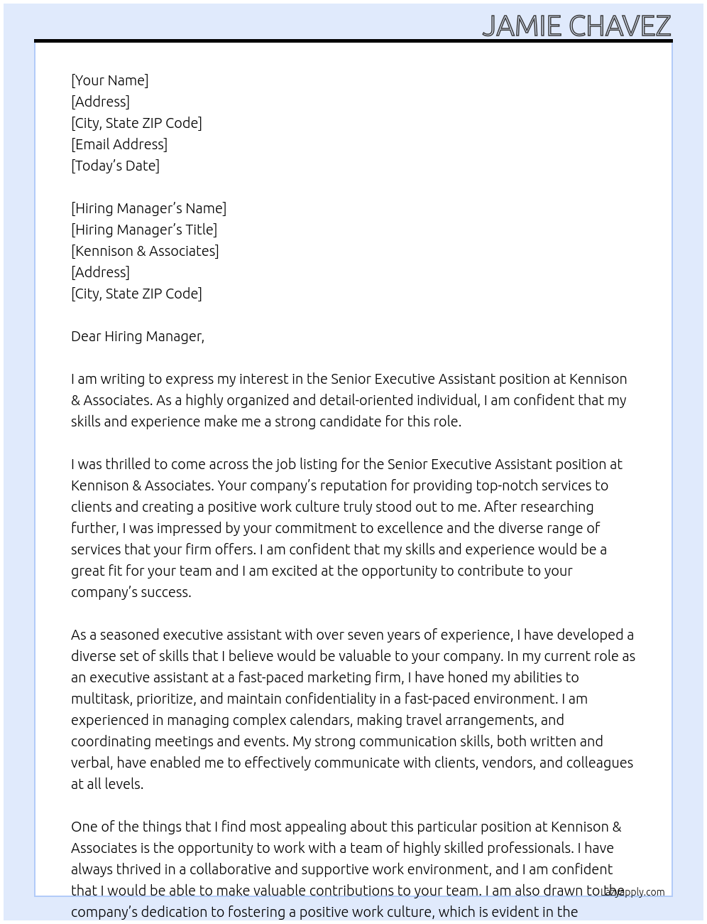 Senior Executive Assistant At Kennison & Associates Cover Letter