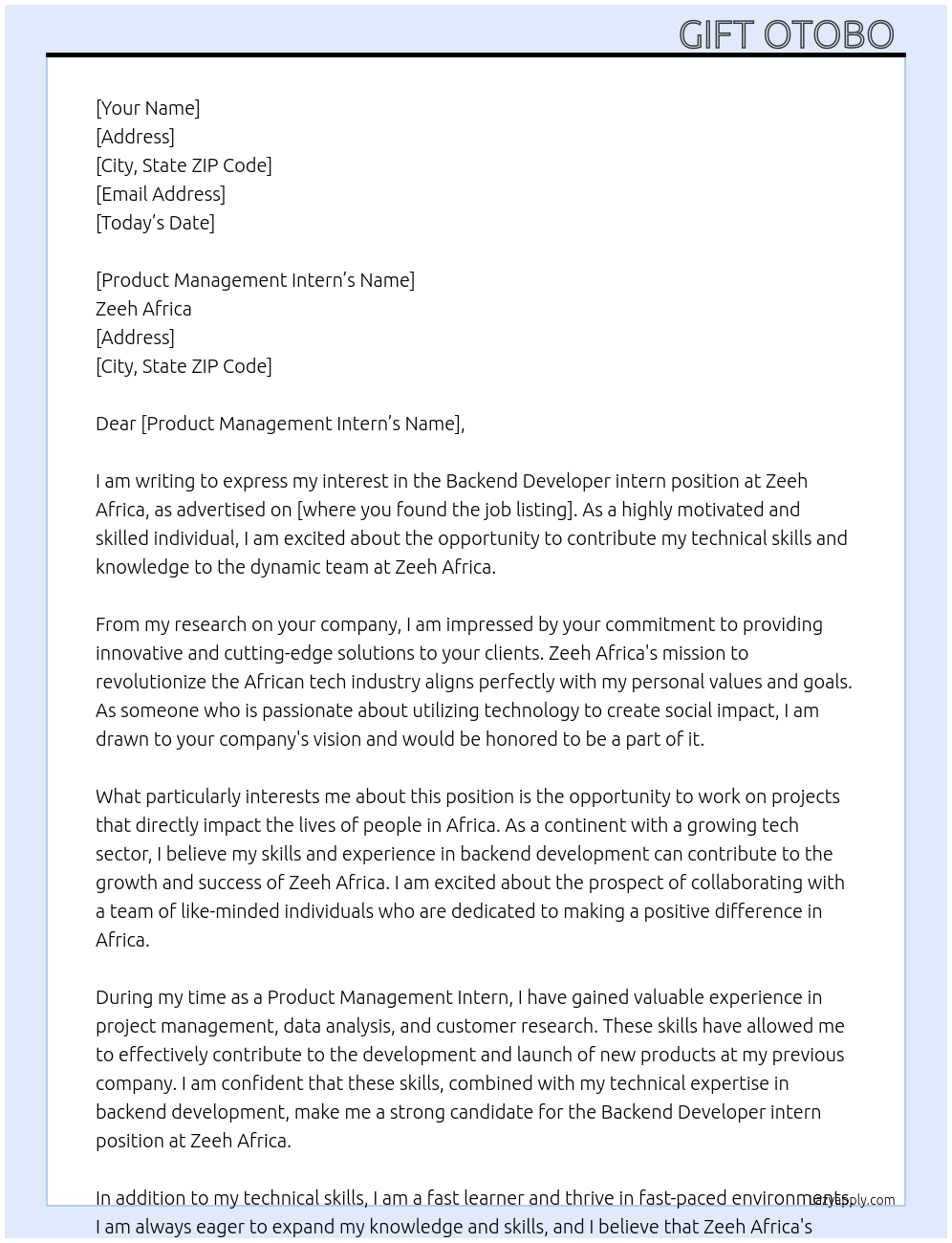 Backend Developer intern  At Zeeh Africa  Cover Letter