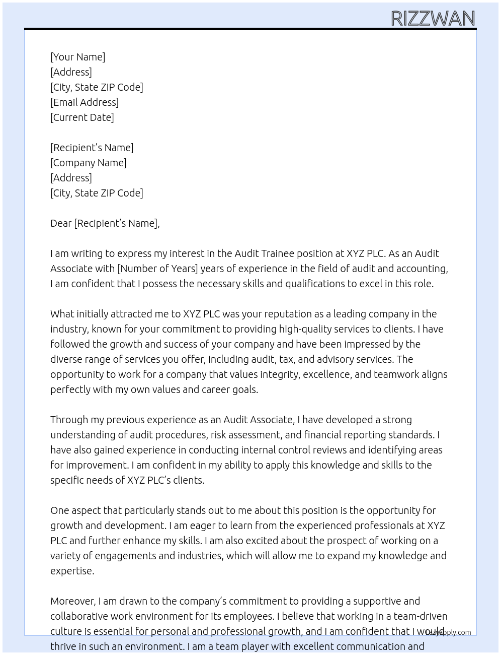 Audit trainee At XYZ PLC Cover Letter