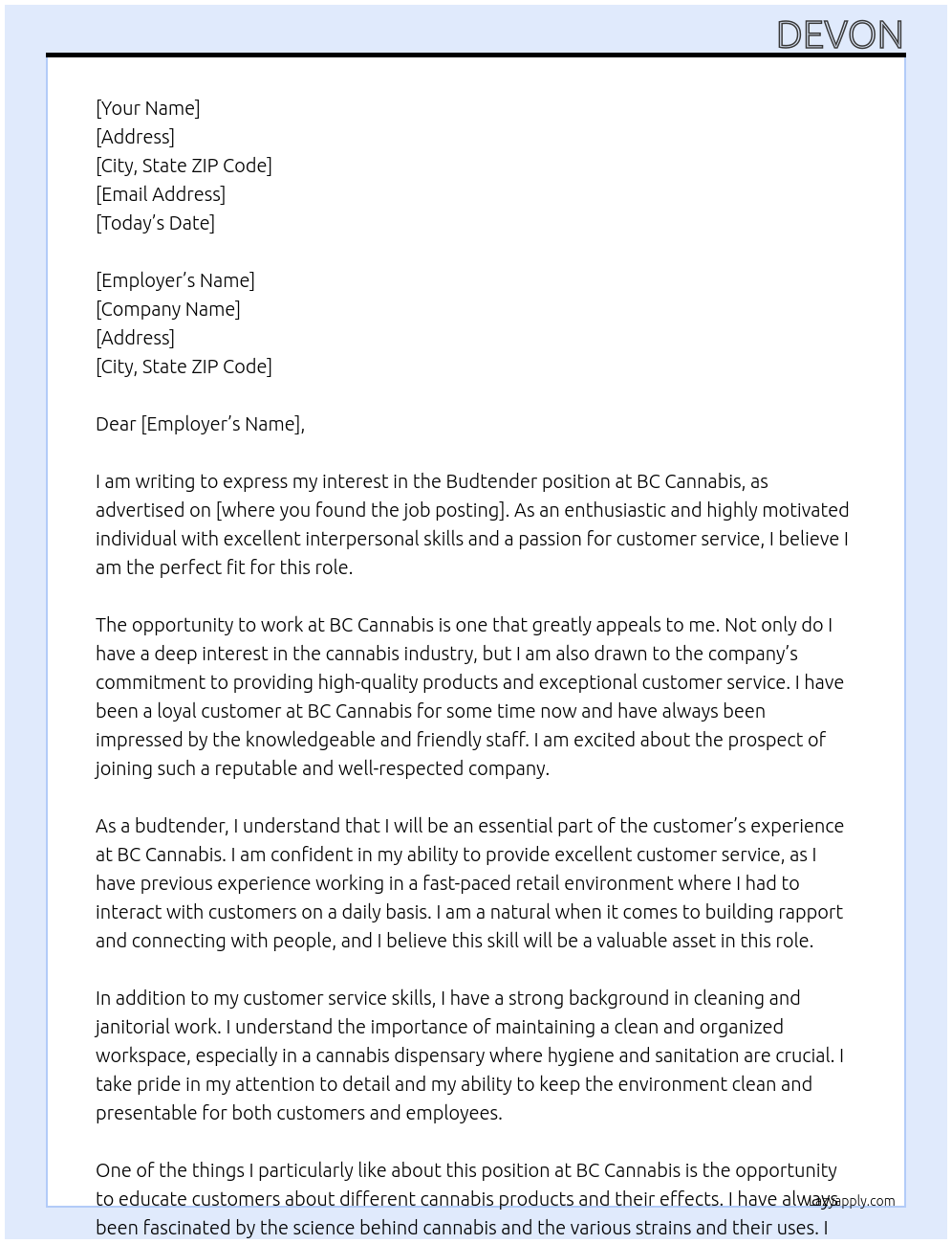 Budtender At BC Cannabis Cover Letter
