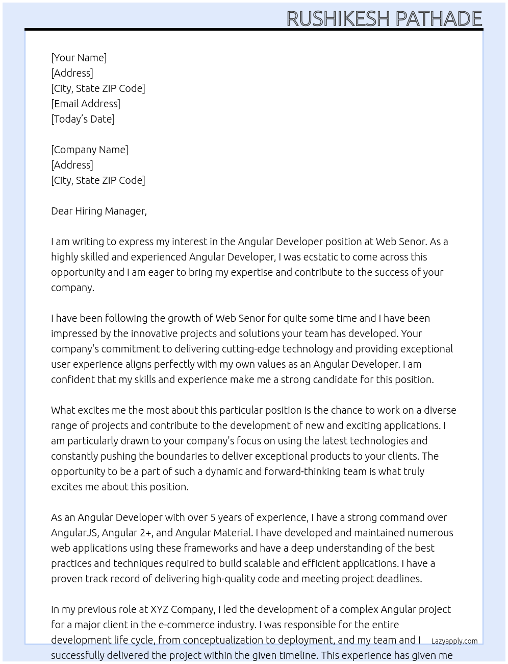 Angular Developer At Web senor Cover Letter