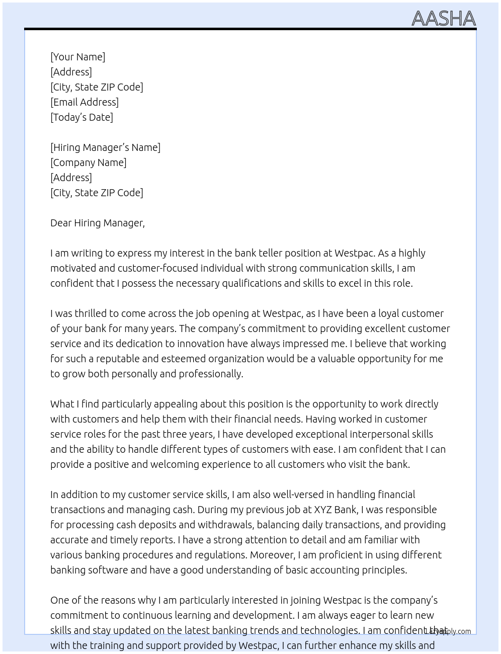 bank teller At Westpac Cover Letter