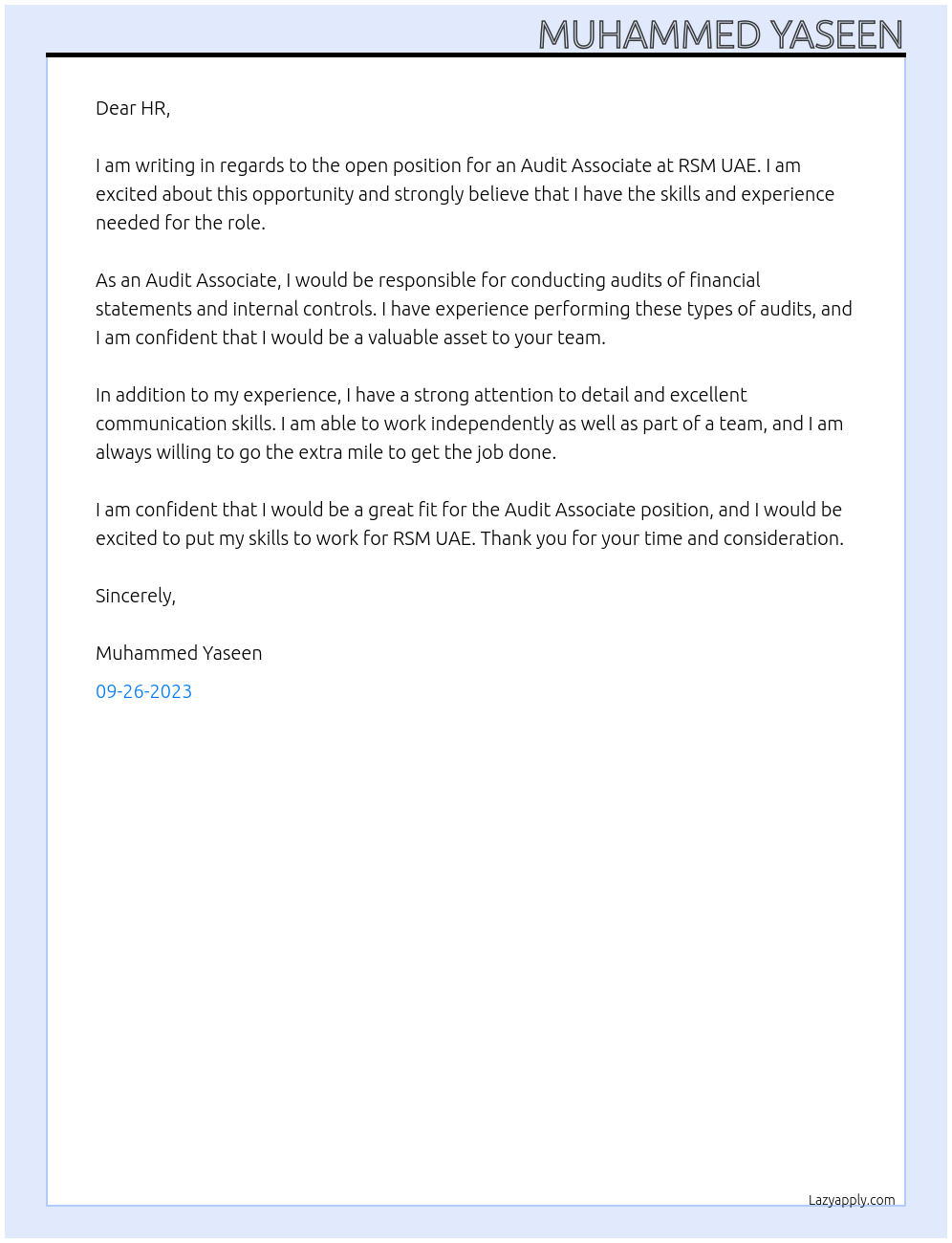 Audit Associate At RSM UAE Cover Letter