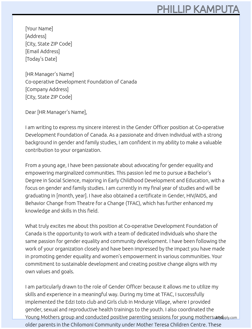 Gender Officer At Co-operative Development Foundation of Canada Cover Letter