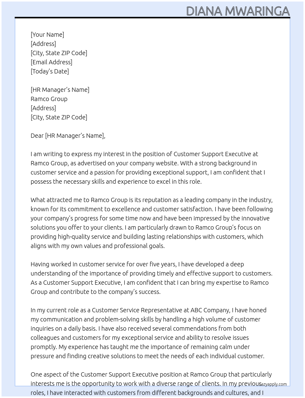 Customer Support Executive At Ramco Group Cover Letter