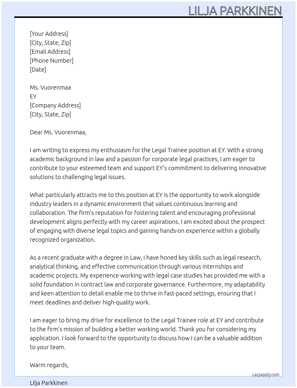 Legal Trainee At EY Cover Letter