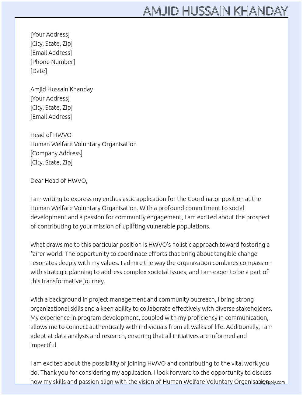 Coordinator At Human Welfare Voluntary Organisation Cover Letter