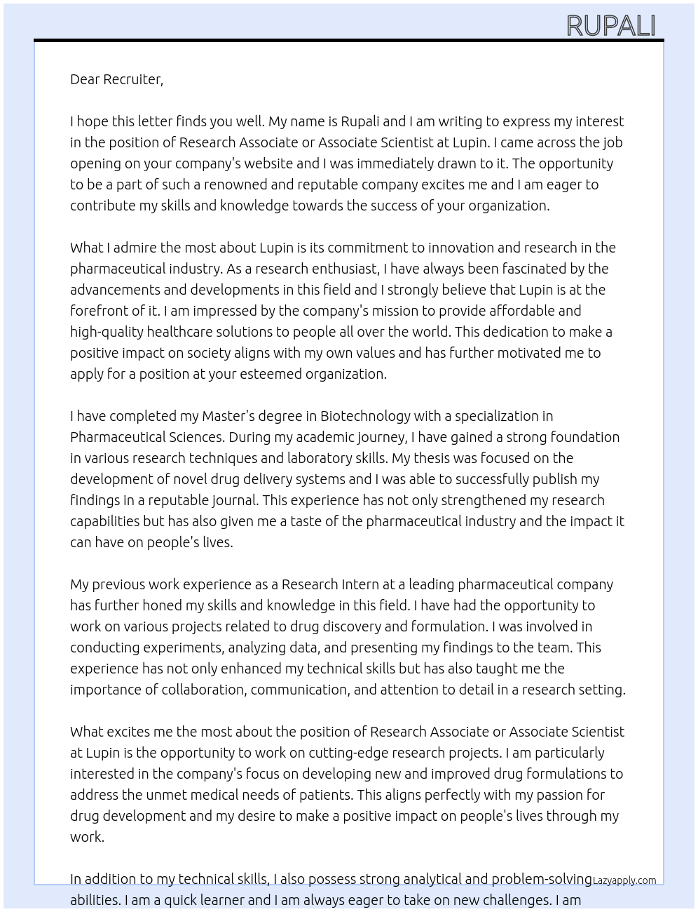 Research Associate or Associate Scientist At lupin Cover Letter