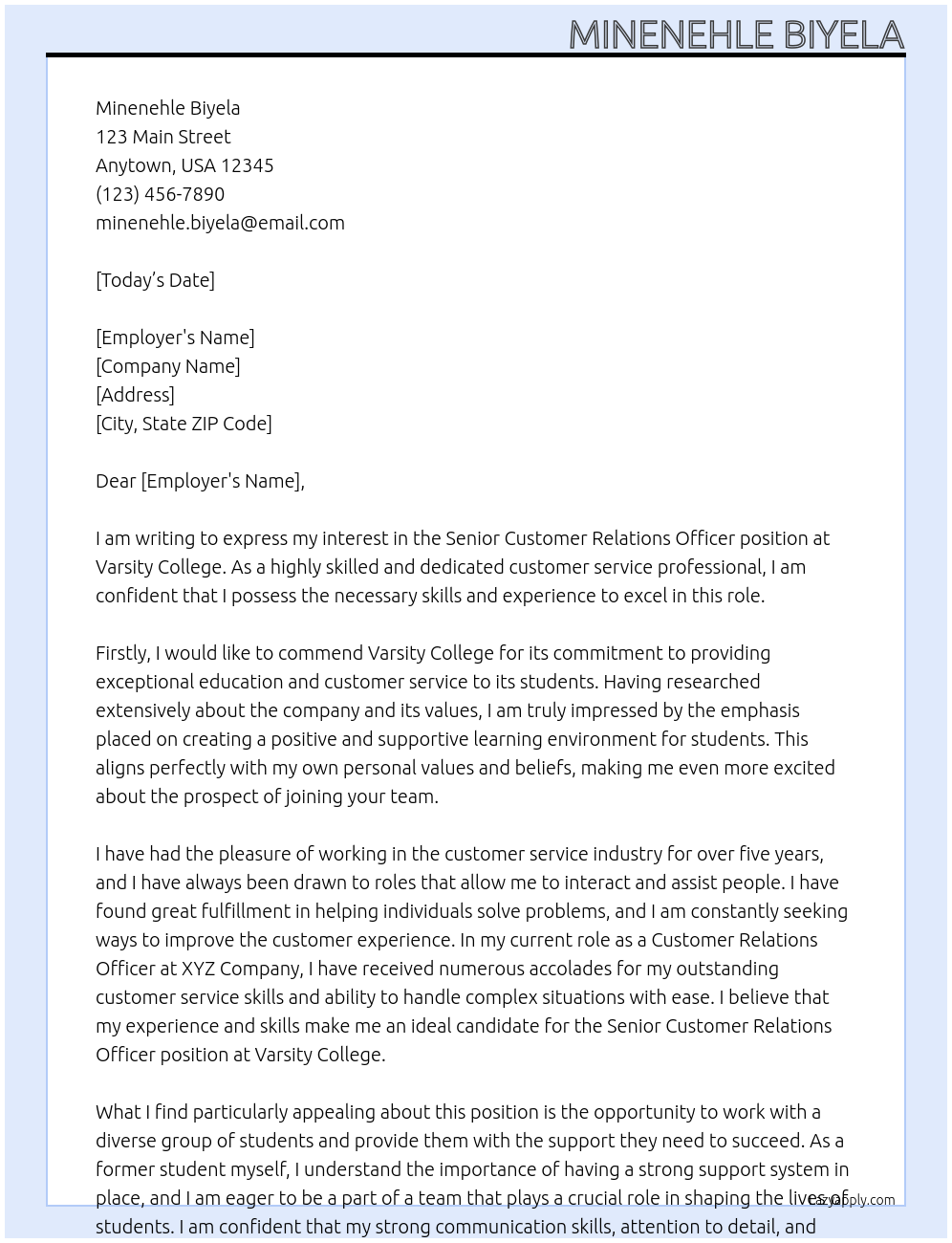 customer relations officer At Varsity College Cover Letter