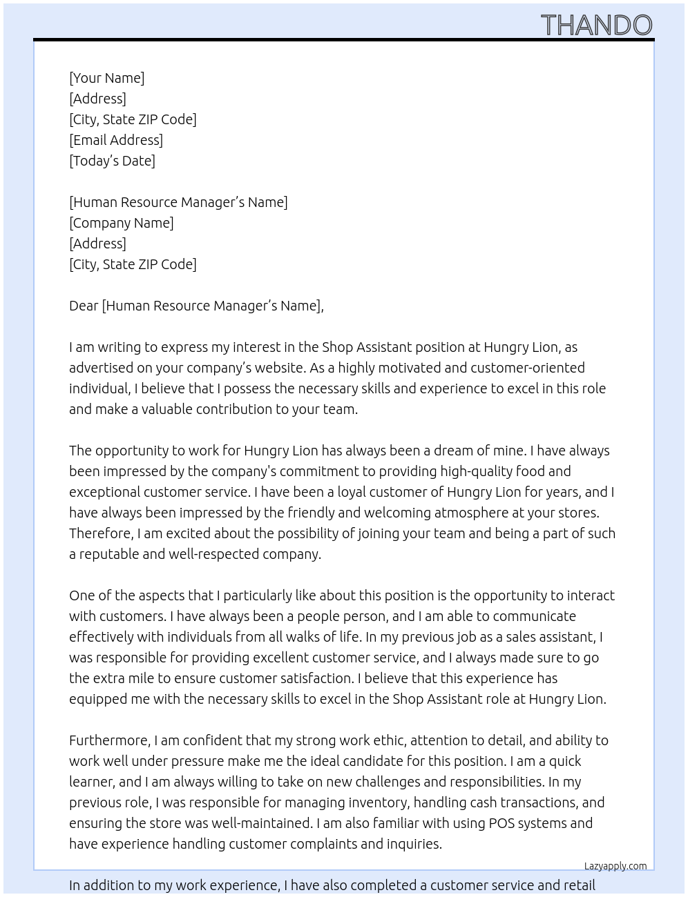 Shop assistant At Hungry lion Cover Letter