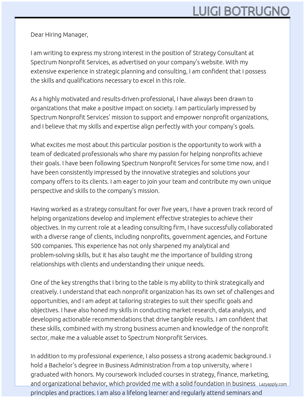 Strategy Consultant At Spectrum Nonprofit Services Cover Letter