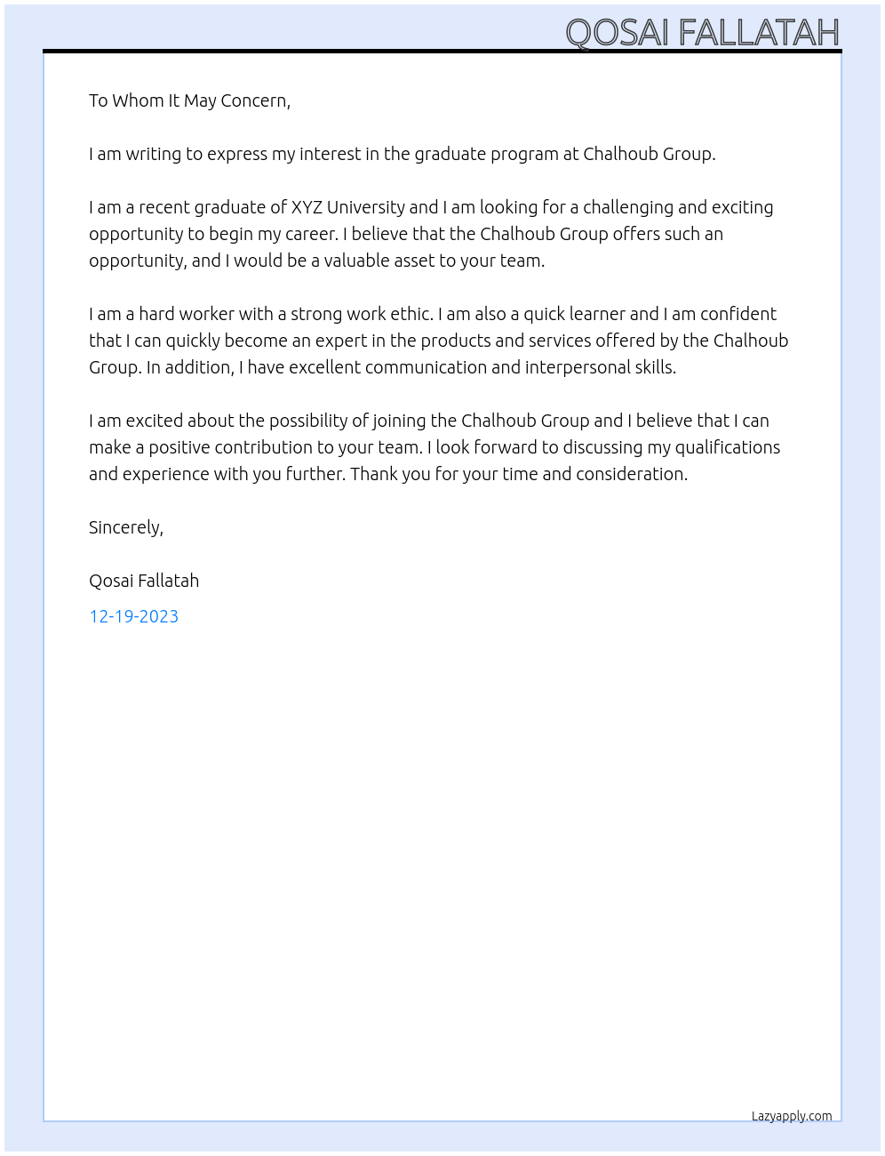 Graduate program  At Chalhoub Group  Cover Letter