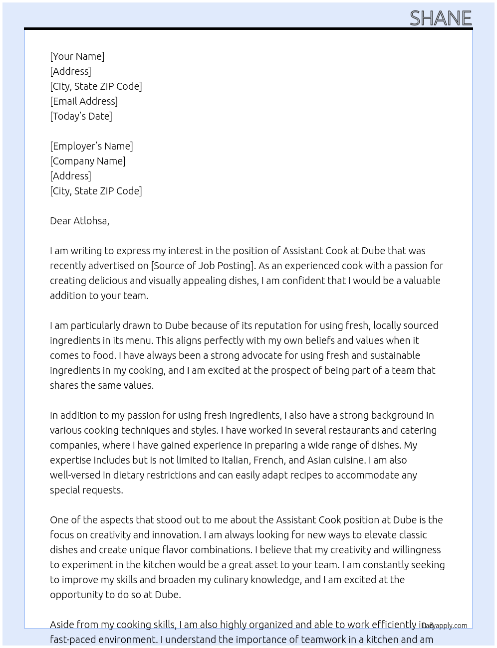Assistant Cook At Dube Cover Letter