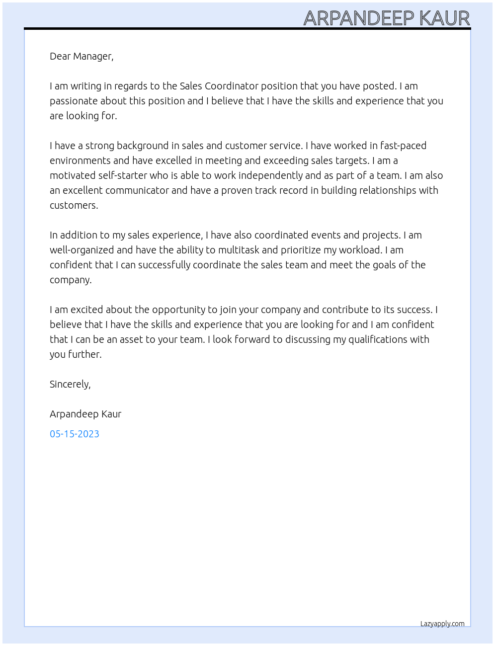 sales coordinator At ... Cover Letter