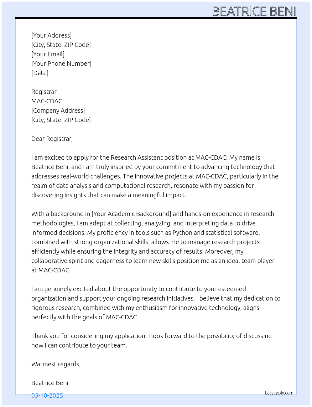 Research assistant  At MAC-CDAC Cover Letter