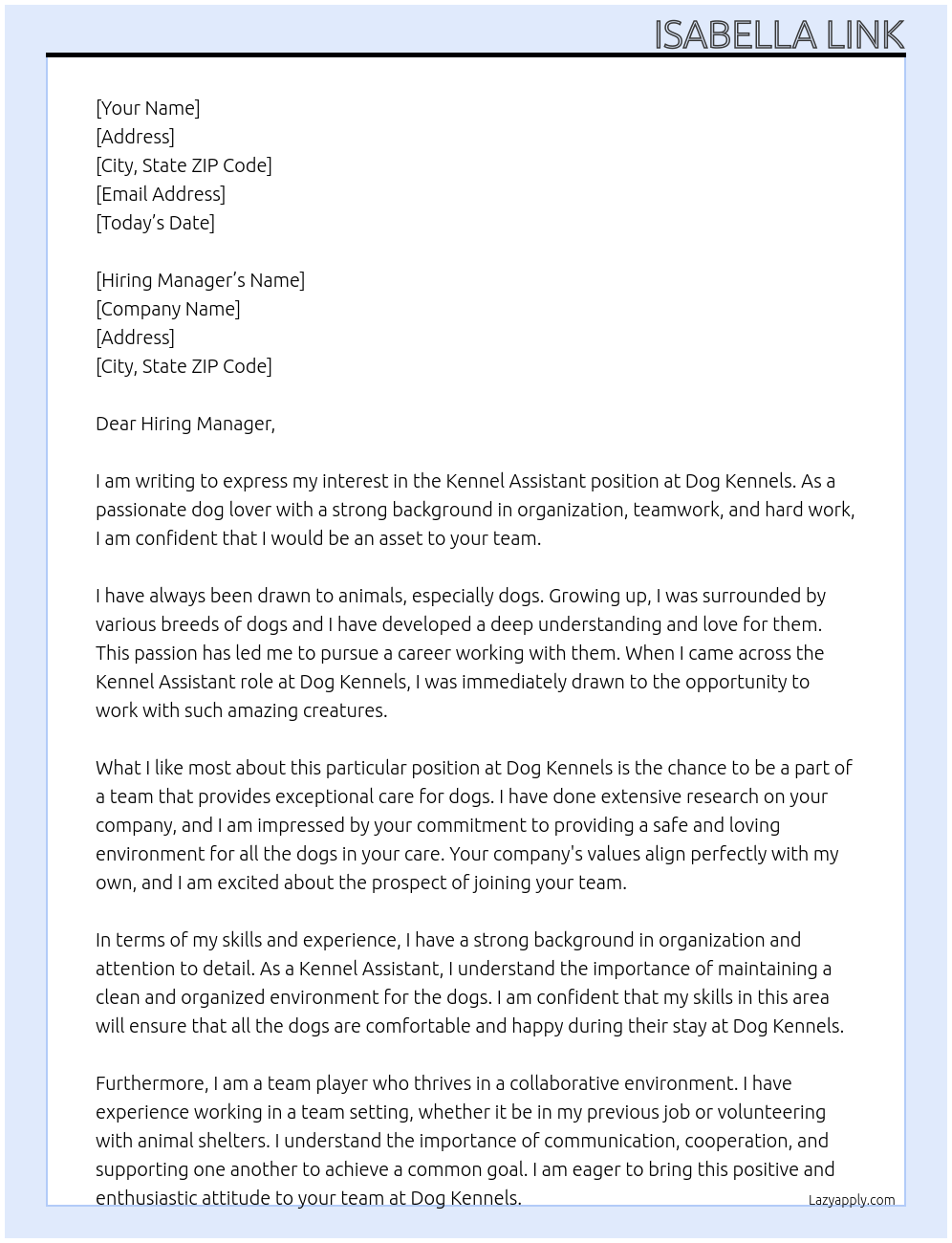 Kennel Assistant At Dog kennels Cover Letter