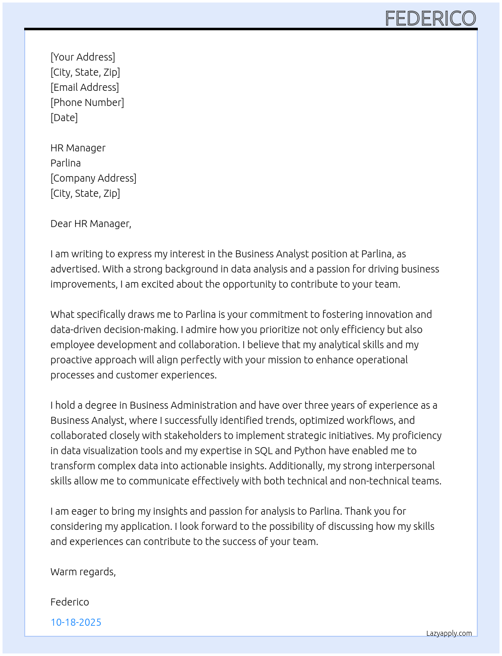 Business Analyst At Parlina Cover Letter