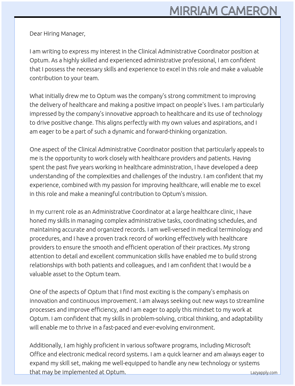 Clinical Administrative Coordinator At optum Cover Letter