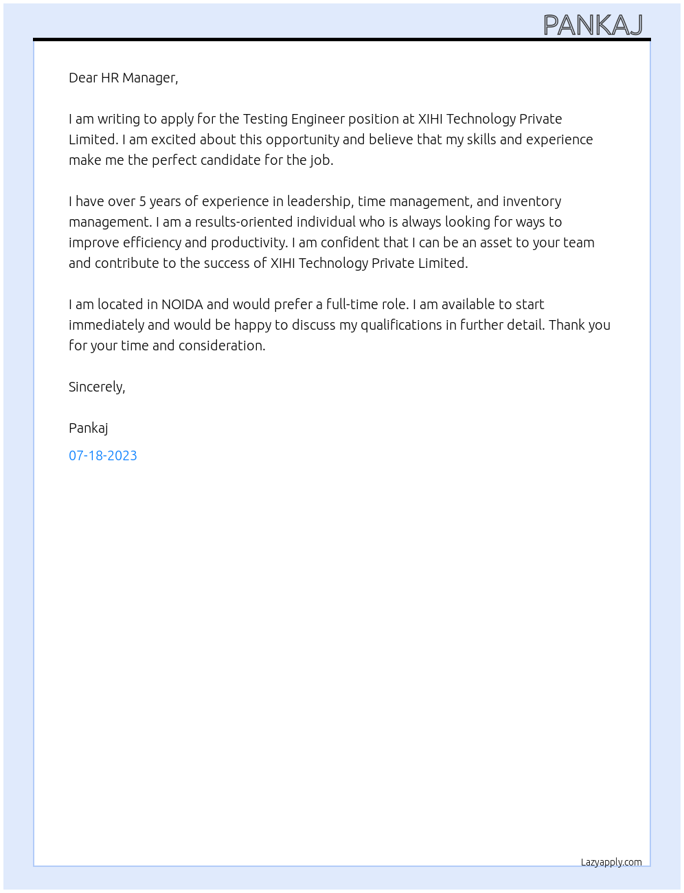 Testing Engineer At XIHI TECHNOLOGY PRIVATE LIMITED Cover Letter