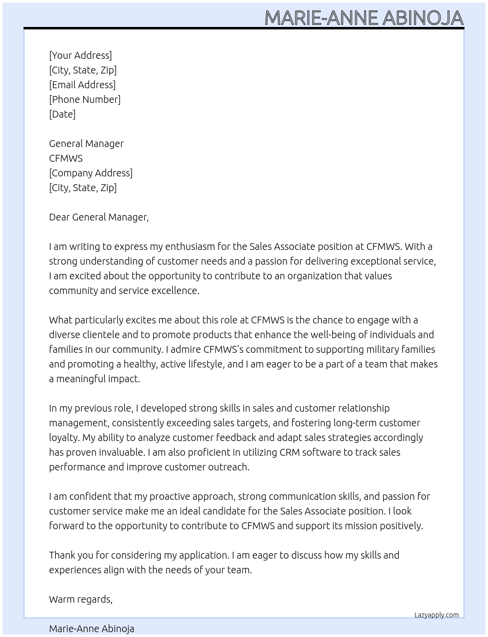Sales Associate At CFMWS Cover Letter