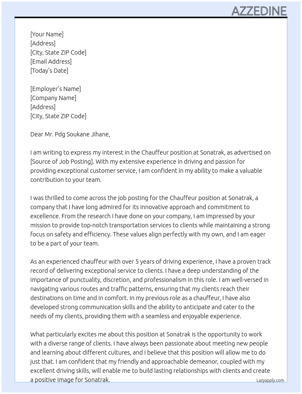 CHAUFFEUR At sonatrak Cover Letter