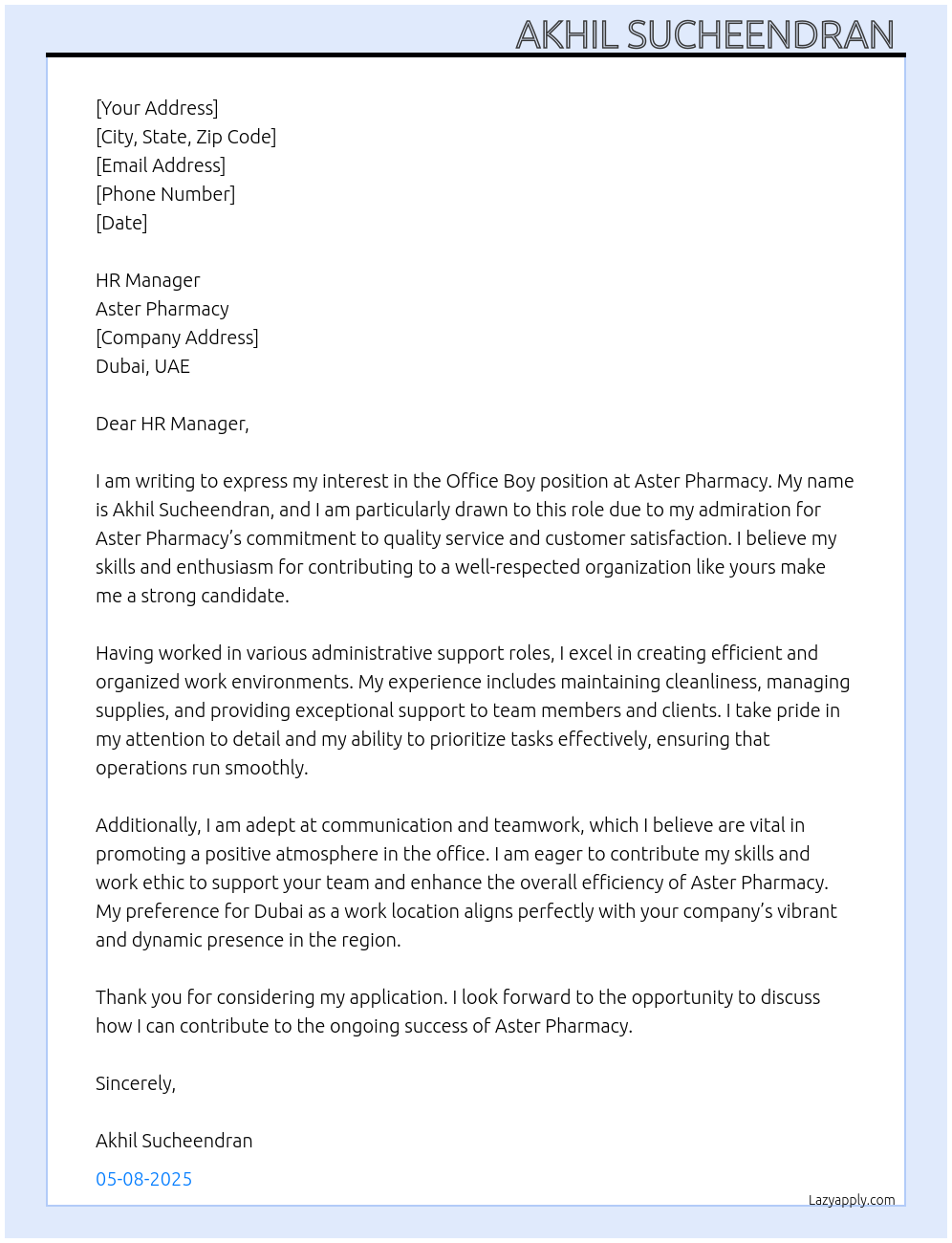 Office boy At Aster pharmacy Cover Letter