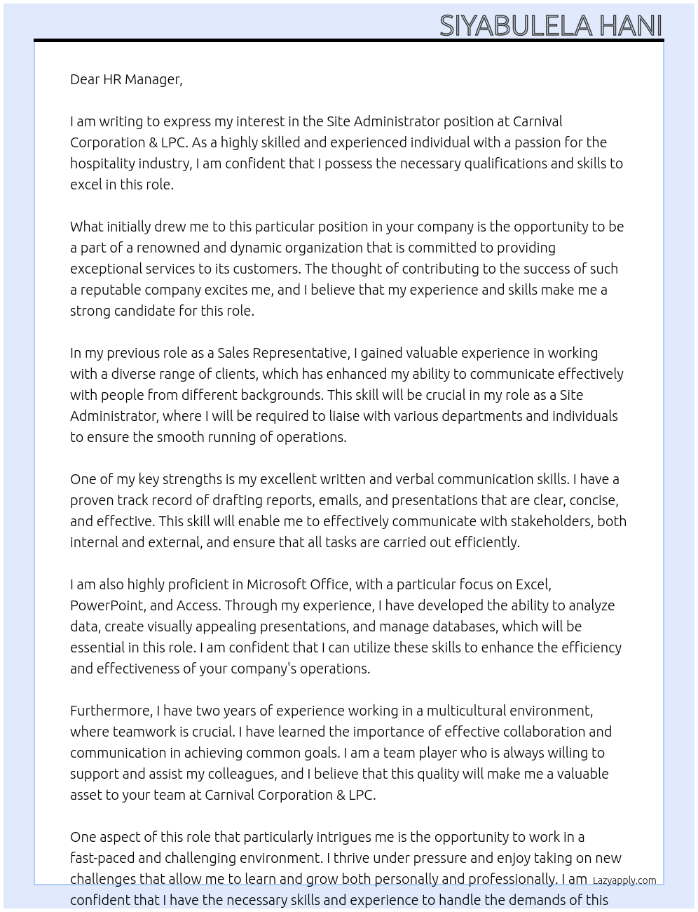 Site Administrator At Carnival Corporation & LPC Cover Letter