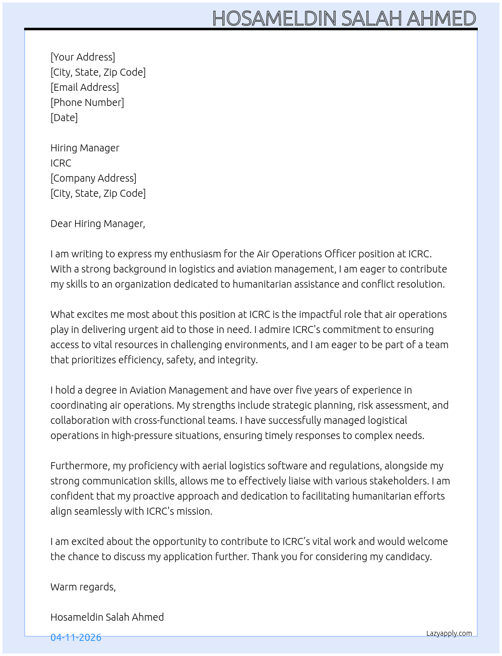Air Operations Officer At ICRC Cover Letter