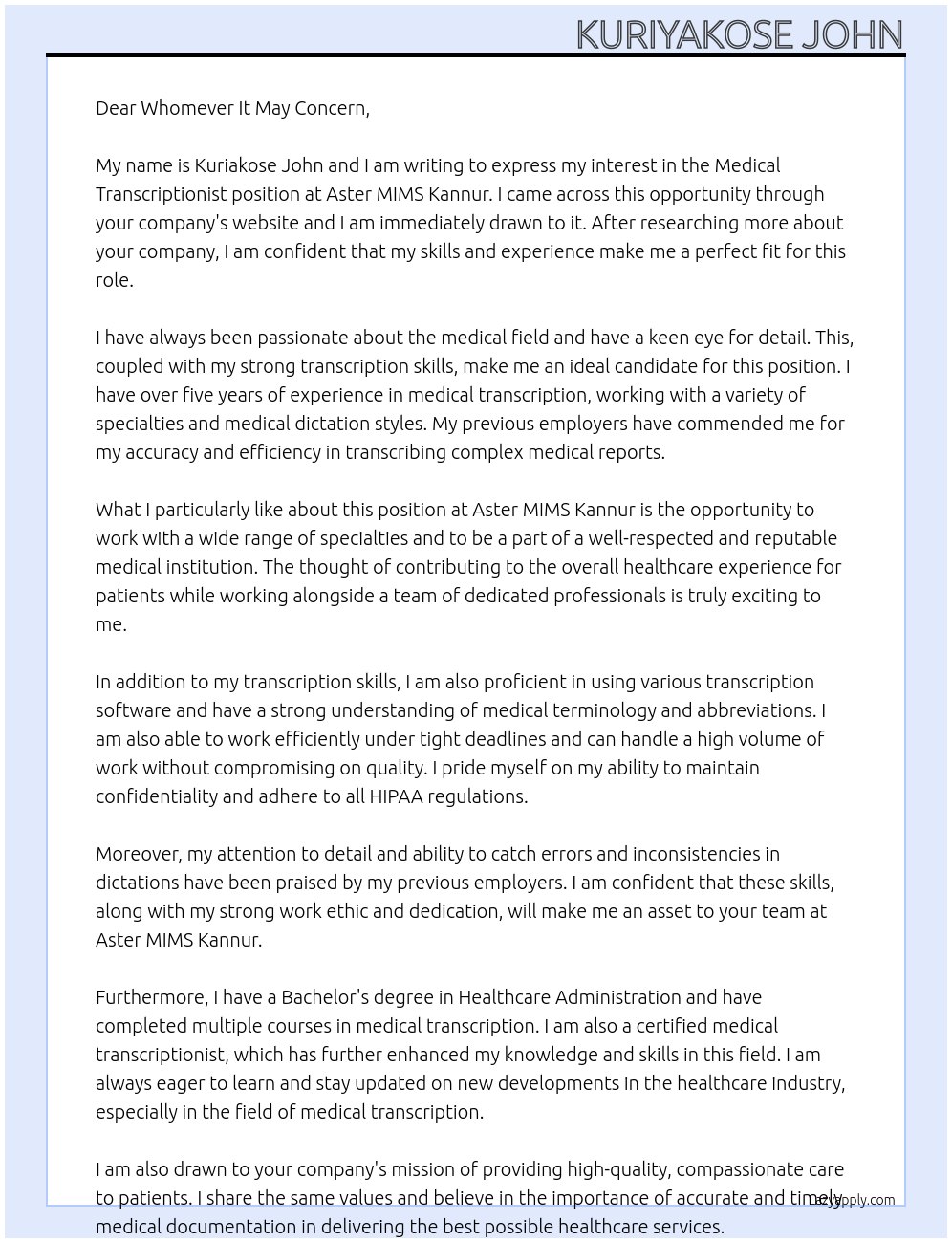 Medical Transcriptionist At Aster MIMS Kannur Cover Letter
