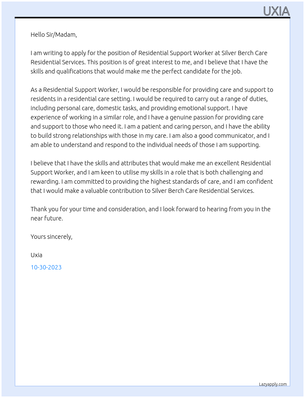 Residential support worker At Silver Berch Care Residential Services Cover Letter