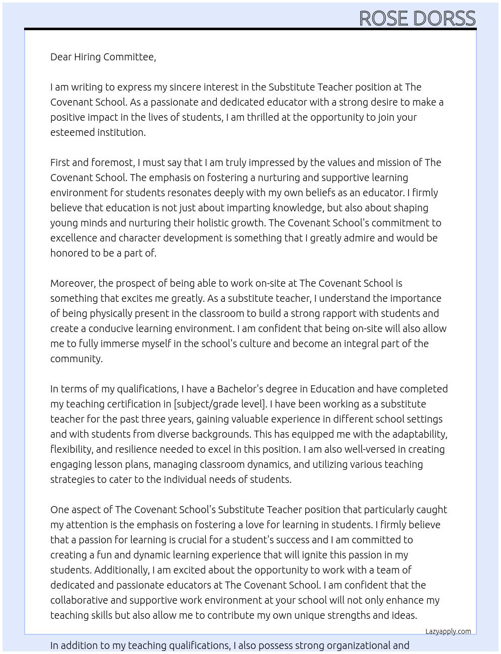 Substitute Teacher At The Covenant School Cover Letter
