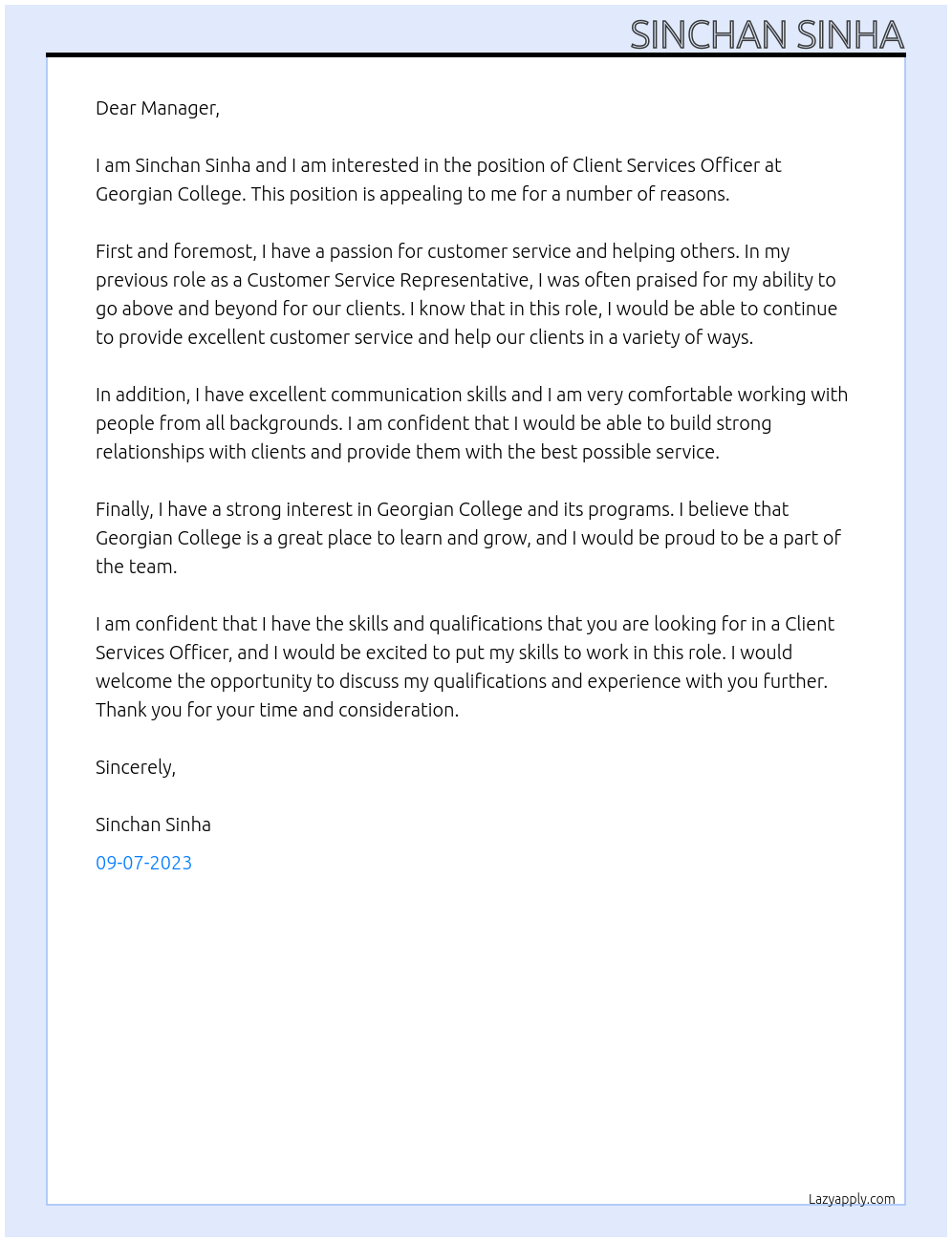 Client Services Officer At Georgian College Cover Letter