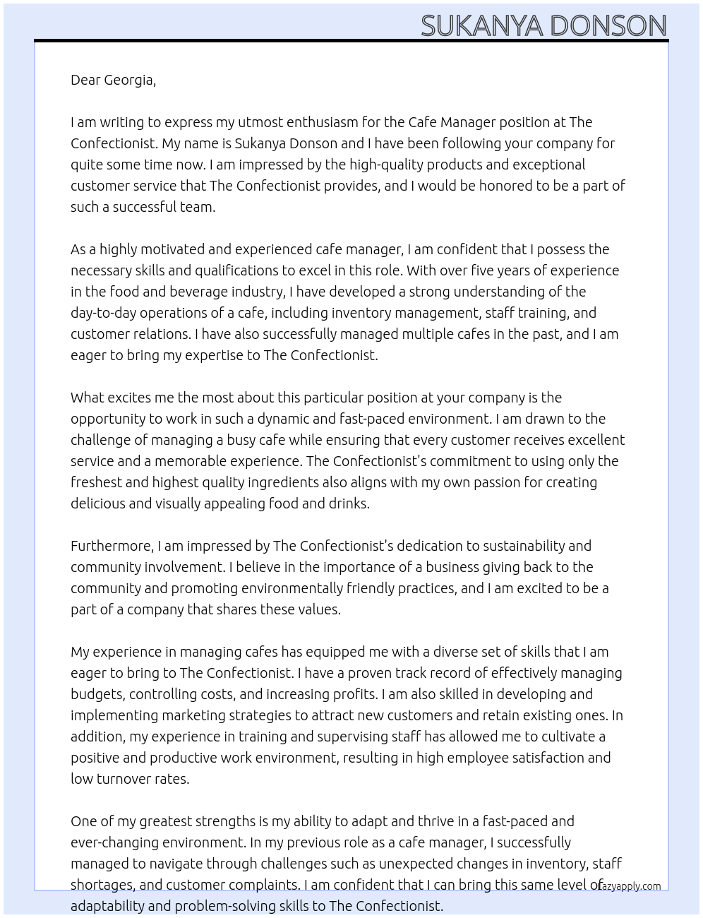 cafe manager At The Confectionist Cover Letter